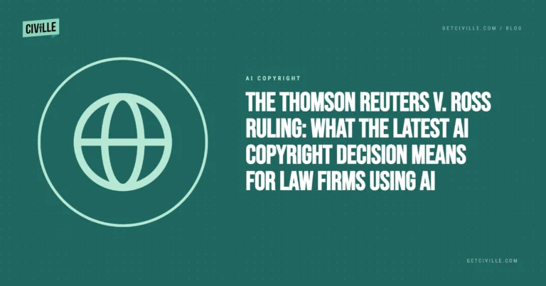 Professional article banner with teal background, globe icon, and text on AI copyright ruling for law firms.