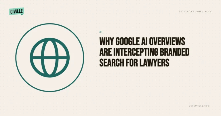 Professional blog header with a green globe icon and text about Google AI intercepting branded lawyer searches.
