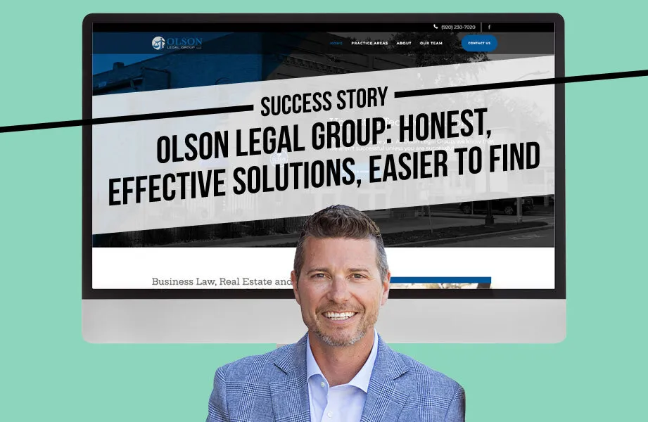 Man in blue blazer smiling in front of computer screen displaying Olson Legal Group website.