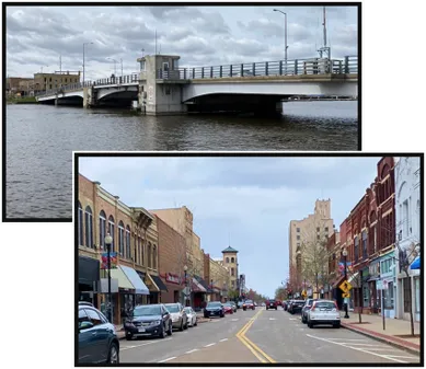 Top image: Concrete bridge over a river under cloudy sky. Bottom image: Downtown street with parked cars and historic brick buildings.